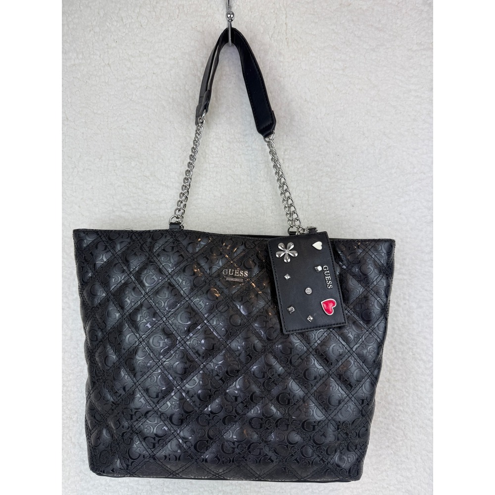 Guess Black Quilted Logo Tote Bag Silver Chain Straps with Card Holder Charm